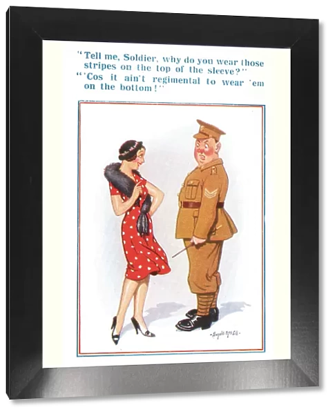 Comic postcard, Sergeant and pretty woman, WW2 Date: circa 1940s