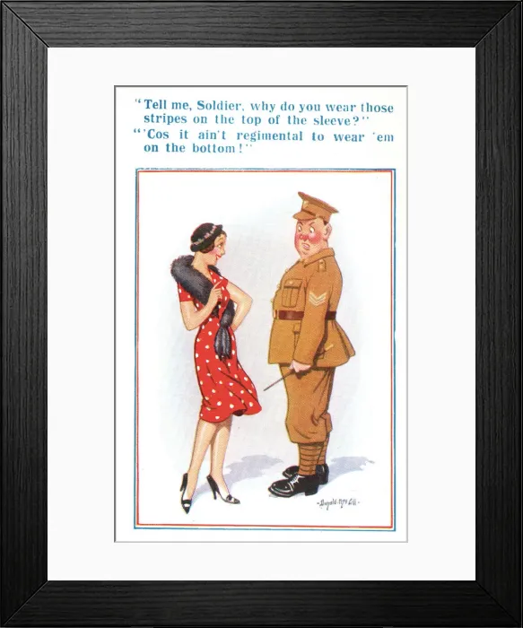 Framed Print : Comic postcard, Sergeant and pretty woman, WW2 Date: circa 1940s Framed Print : Comic postcard, Sergeant and pretty woman, WW2 Date: circa 1940s