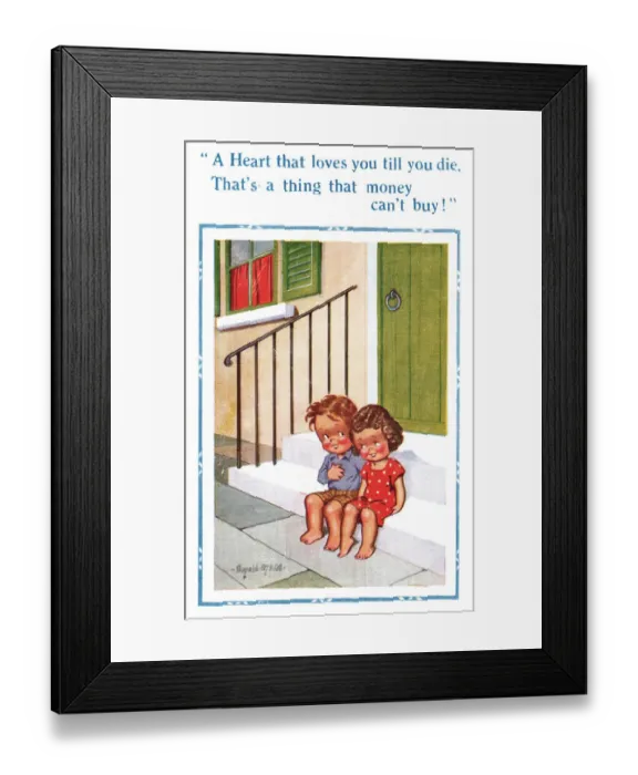 Framed Print : Comic postcard, Little girl and little boy Framed Print : Comic postcard, Little girl and little boy