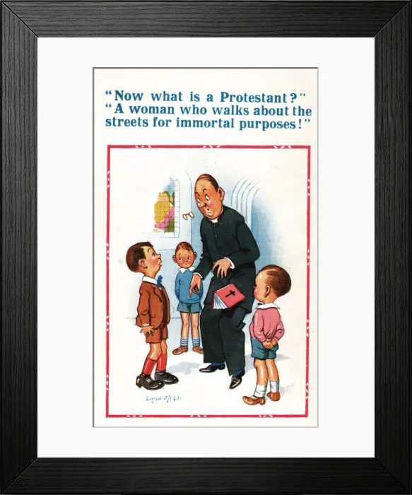 Framed Print : Comic postcard, Vicar and three boys - definition of a Protestant Date: 20th century Framed Print : Comic postcard, Vicar and three boys - definition of a Protestant Date: 20th century