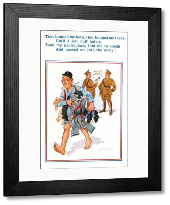 Framed Print : Comic postcard, Soldier joining the British Army, WW2 - medical examination Date Framed Print : Comic postcard, Soldier joining the British Army, WW2 - medical examination Date
