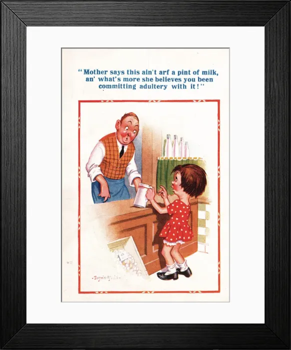 Framed Print : Comic postcard, Little girl and shopkeeper Framed Print : Comic postcard, Little girl and shopkeeper