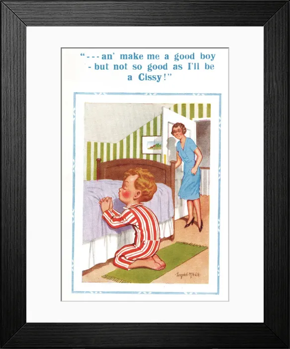 Framed Print : Comic postcard, Little boy praying by his bed Framed Print : Comic postcard, Little boy praying by his bed