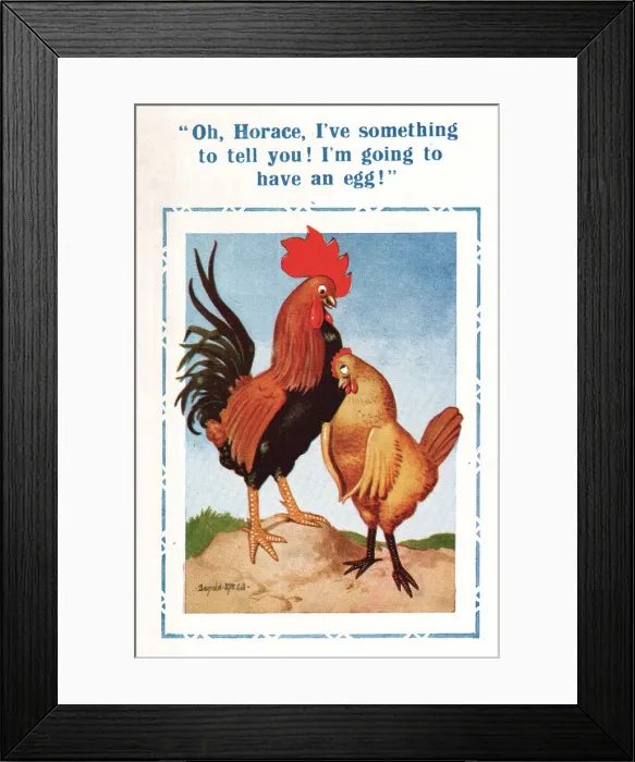 Framed Print : Comic postcard, cockerel and hen expecting an egg Date: 20th century Framed Print : Comic postcard, cockerel and hen expecting an egg Date: 20th century