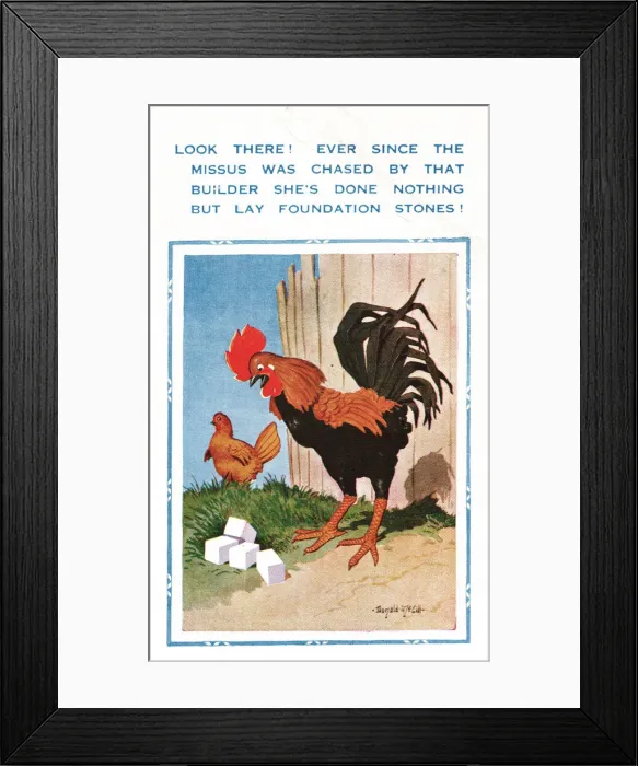 Framed Print : Comic postcard, hen and suspicious cockerel Framed Print : Comic postcard, hen and suspicious cockerel