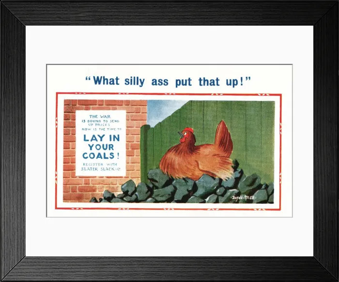 Framed Print : Comic postcard, hen laying in coals, WW2 Date: 1940s Framed Print : Comic postcard, hen laying in coals, WW2 Date: 1940s