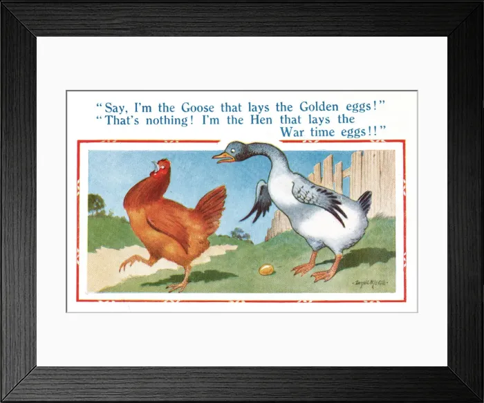 Framed Print : Comic postcard, hen and goose, WW2 Date: 1940s Framed Print : Comic postcard, hen and goose, WW2 Date: 1940s