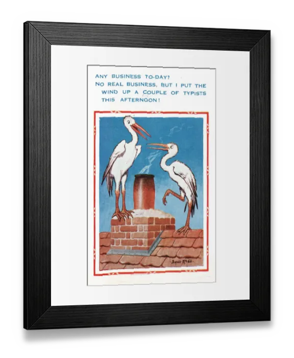 Framed Print : Comic postcard, two storks on a roof Framed Print : Comic postcard, two storks on a roof