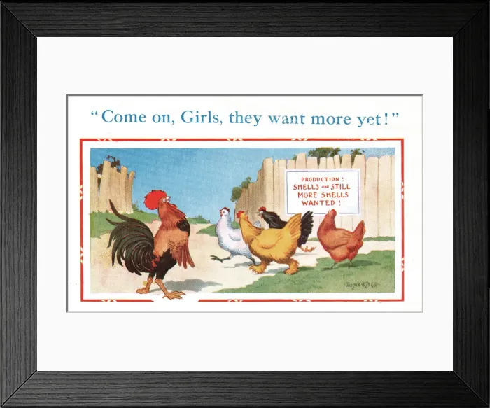 Framed Print : Comic postcard, cockerel and hens, WW2 Framed Print : Comic postcard, cockerel and hens, WW2
