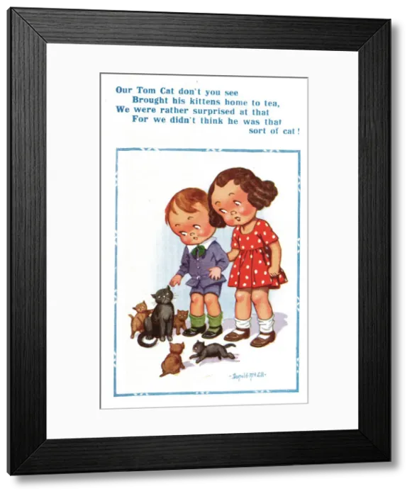 Framed Print : Comic postcard, Children with tom cat and kittens Framed Print : Comic postcard, Children with tom cat and kittens