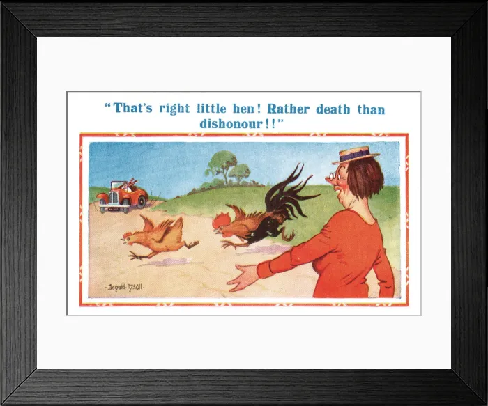 Framed Print : Comic postcard, cockerel chasing hen across the road Date: 20th century