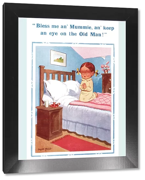 Comic postcard, Little girl praying on her bed