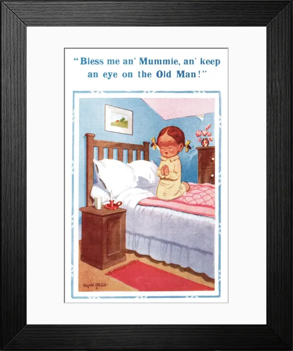 Framed Print : Comic postcard, Little girl praying on her bed Framed Print : Comic postcard, Little girl praying on her bed