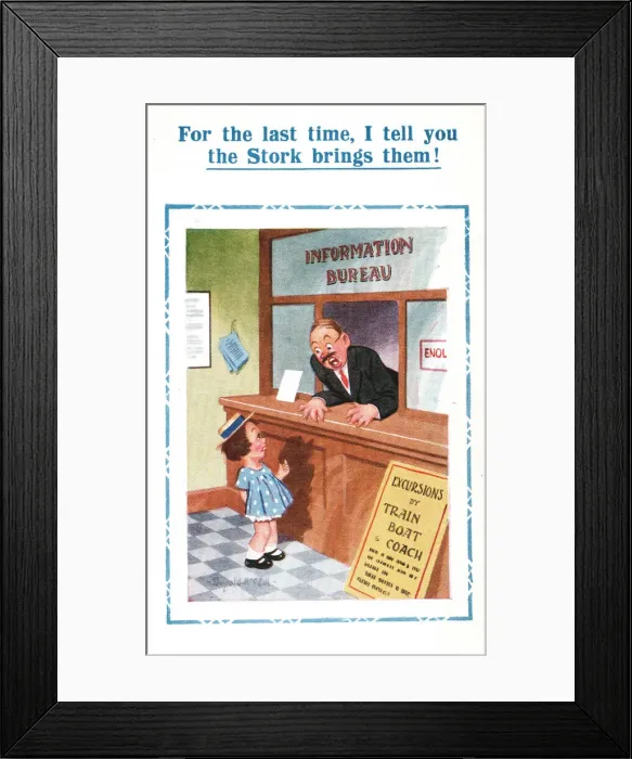 Framed Print : Comic postcard, Little girl at Information Bureau Framed Print : Comic postcard, Little girl at Information Bureau