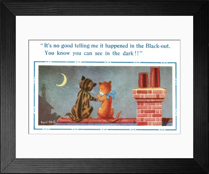 Framed Print : Comic postcard, two cats on a roof, WW2 - it happened in the blackout Date: 1940s Framed Print : Comic postcard, two cats on a roof, WW2 - it happened in the blackout Date: 1940s