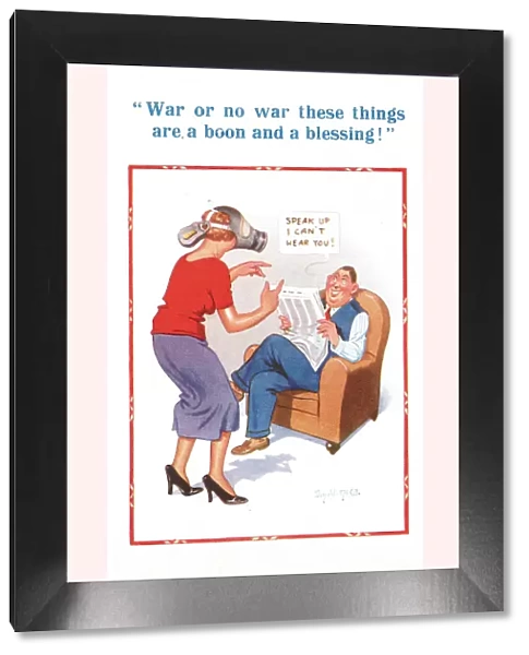 Comic postcard, wife wearing gas mask, WW2 Date: circa 1940s