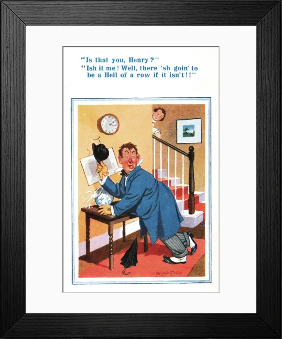 Framed Print : Comic postcard, Husband home drunk Date: 20th century Framed Print : Comic postcard, Husband home drunk Date: 20th century
