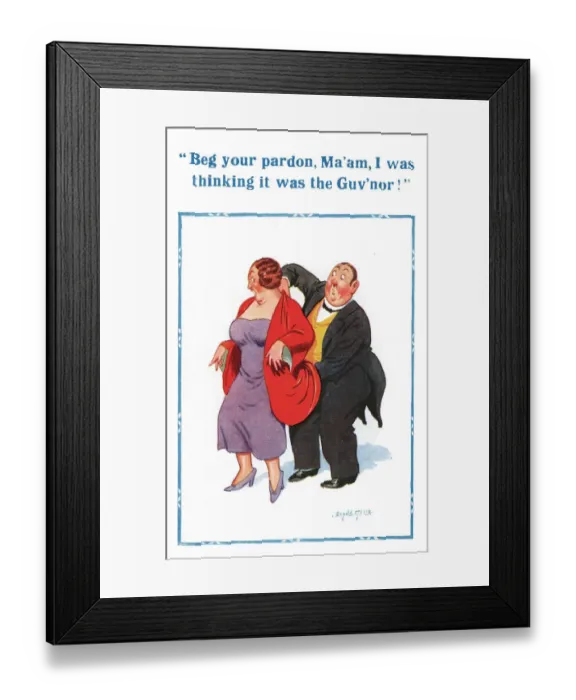 Framed Print : Comic postcard, Butler and his masters wife Date: 20th century Framed Print : Comic postcard, Butler and his masters wife Date: 20th century