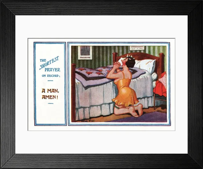 Framed Print : Comic postcard, The shortest prayer on record Framed Print : Comic postcard, The shortest prayer on record