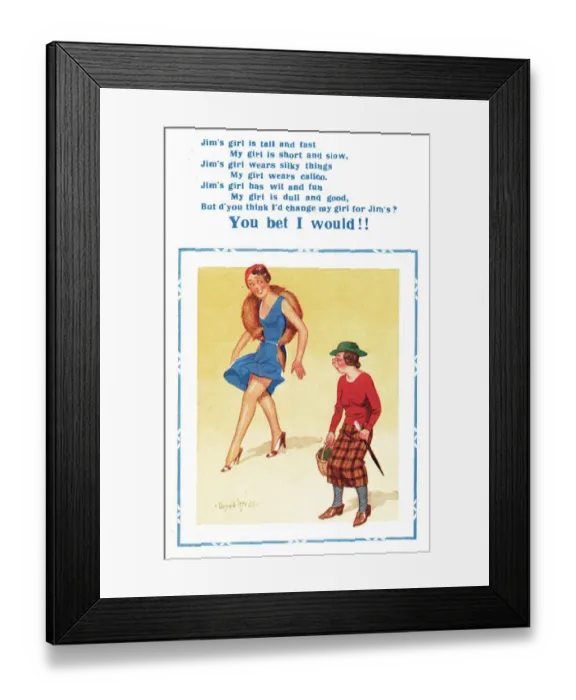 Framed Print : Comic postcard, Jims girl and my girl compared Date: 20th century Framed Print : Comic postcard, Jims girl and my girl compared Date: 20th century