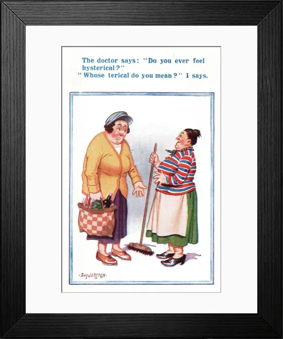 Framed Print : Comic postcard, Two women in conversation Date: 20th century Framed Print : Comic postcard, Two women in conversation Date: 20th century