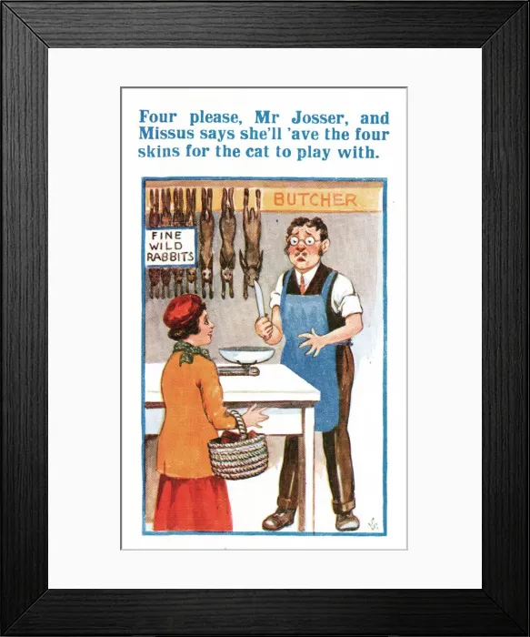 Framed Print : Comic postcard, Ambiguous instructions to the butcher Date: 20th century Framed Print : Comic postcard, Ambiguous instructions to the butcher Date: 20th century