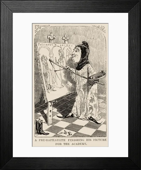 Framed Print : A Pre-Raphaelite finishing his picture for the Academy. Satirical cartoon featuring a Framed Print : A Pre-Raphaelite finishing his picture for the Academy. Satirical cartoon featuring a
