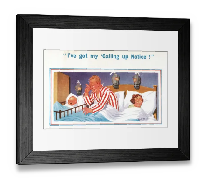 Framed Print : Comic postcard, Couple and baby in bed with gas masks, WW2 - calling up notice Date Framed Print : Comic postcard, Couple and baby in bed with gas masks, WW2 - calling up notice Date