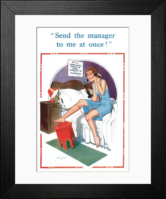 Framed Print : Comic postcard, Dissatisfied hotel guest Framed Print : Comic postcard, Dissatisfied hotel guest