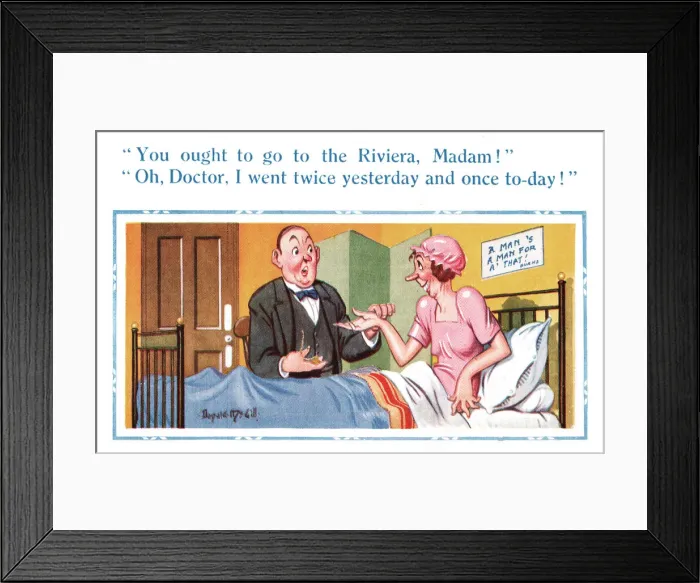 Framed Print : Comic postcard, Middle-aged spinster and doctor Date: 20th century Framed Print : Comic postcard, Middle-aged spinster and doctor Date: 20th century