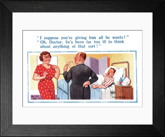 Framed Print : Comic postcard, Doctor visits sick man, wife misunderstands Framed Print : Comic postcard, Doctor visits sick man, wife misunderstands