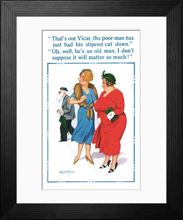 Framed Print : Comic postcard, the vicars stipend cut down Framed Print : Comic postcard, the vicars stipend cut down