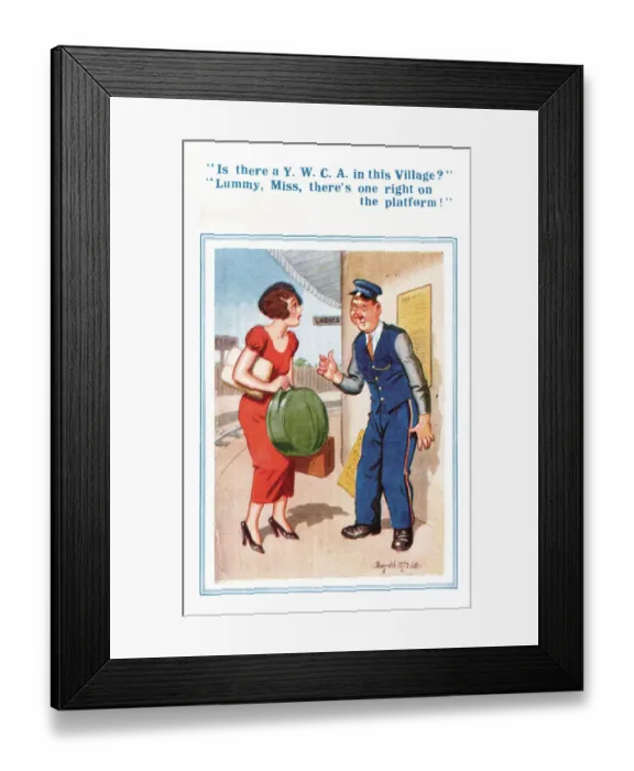 Framed Print : Comic postcard, Pretty young woman seeks YWCA