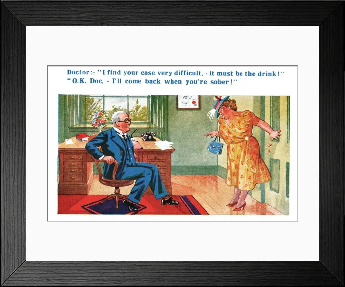 Framed Print : Comic postcard, Middle-aged woman and doctor - I ll come back when you re sober Framed Print : Comic postcard, Middle-aged woman and doctor - I ll come back when you re sober