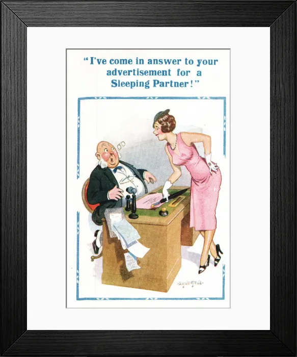 Framed Print : Comic postcard, Looking for a sleeping partner Framed Print : Comic postcard, Looking for a sleeping partner