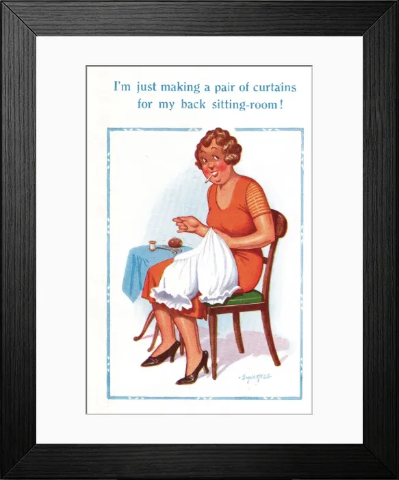 Framed Print : Comic postcard, woman sewing underwear Framed Print : Comic postcard, woman sewing underwear