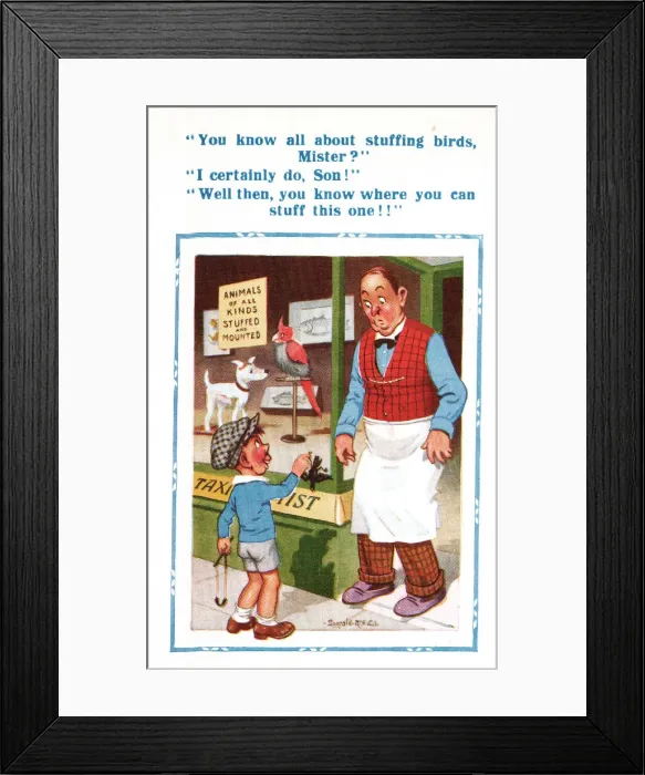 Framed Print : Comic postcard, stuffing birds - taxidermist Date: 20th century Framed Print : Comic postcard, stuffing birds - taxidermist Date: 20th century