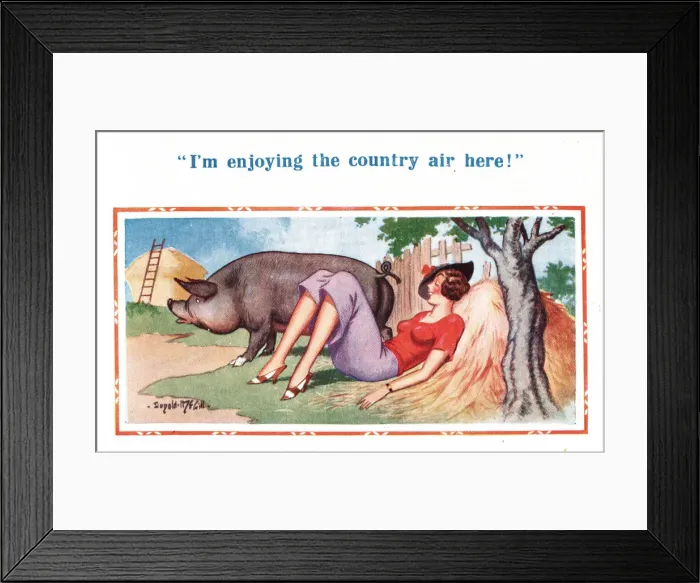 Framed Print : Comic postcard, Pretty young woman and pig Framed Print : Comic postcard, Pretty young woman and pig