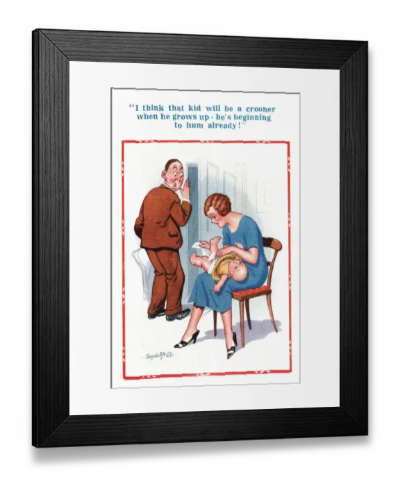 Framed Print : Comic postcard, Couple with baby Date: 20th century Framed Print : Comic postcard, Couple with baby Date: 20th century