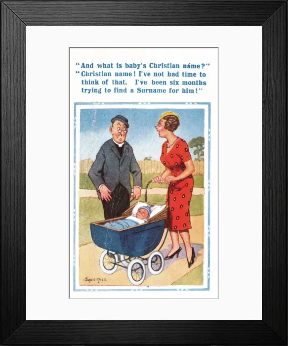 Framed Print : Comic postcard, babys Christian name Framed Print : Comic postcard, babys Christian name