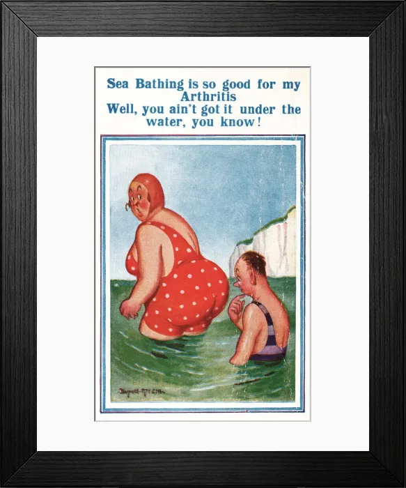 Framed Print : Comic postcard, couple bathing in the sea Framed Print : Comic postcard, couple bathing in the sea