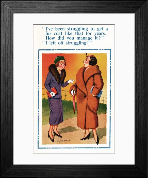 Framed Print : Comic postcard, two women discuss fur coat Date: 20th century Framed Print : Comic postcard, two women discuss fur coat Date: 20th century