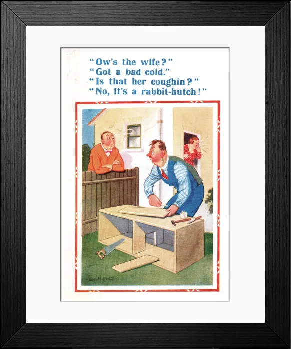 Framed Print : Comic postcard, man making rabbit hutch Date: 20th century Framed Print : Comic postcard, man making rabbit hutch Date: 20th century