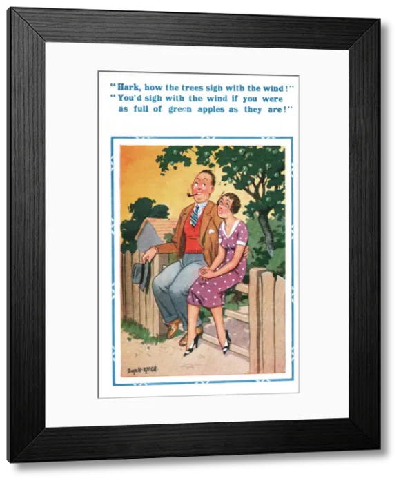 Framed Print : Comic postcard, Couple sitting on a fence Date: 20th century Framed Print : Comic postcard, Couple sitting on a fence Date: 20th century