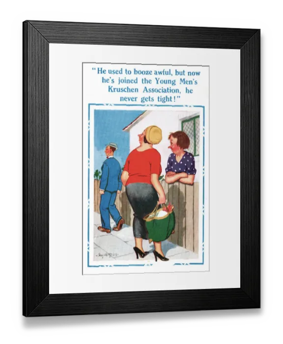 Framed Print : Comic postcard, gossiping neighbours Date: 20th century Framed Print : Comic postcard, gossiping neighbours Date: 20th century
