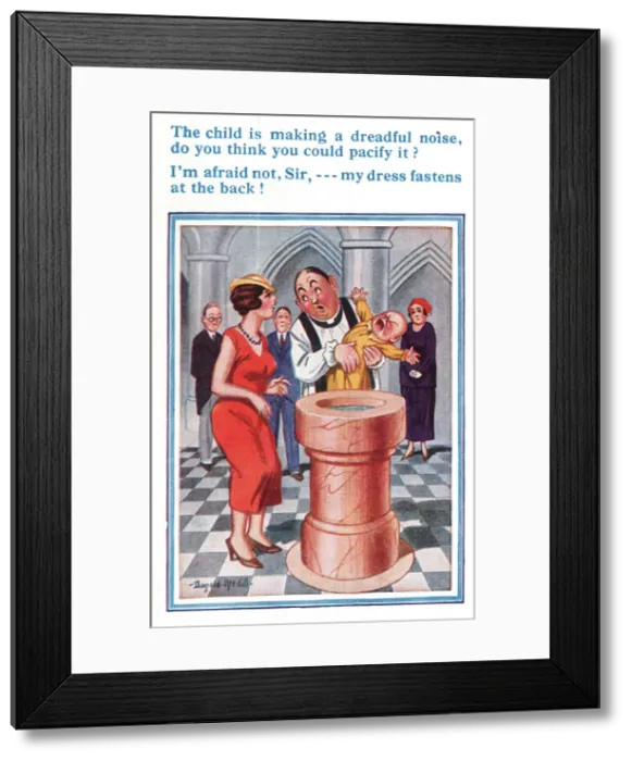 Framed Print : Comic postcard, dilemma at baptism Framed Print : Comic postcard, dilemma at baptism