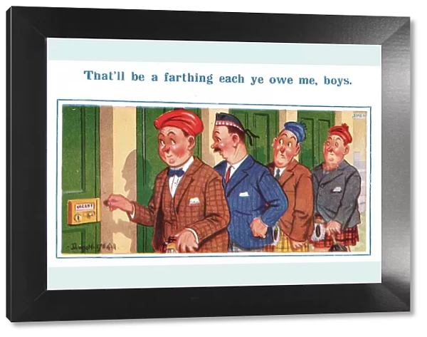 Comic postcard, four Scotsmen spending a penny