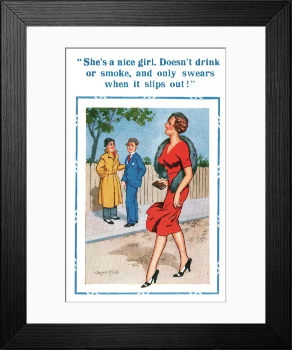Framed Print : Comic postcard, men gossiping about young woman Date: 20th century Framed Print : Comic postcard, men gossiping about young woman Date: 20th century
