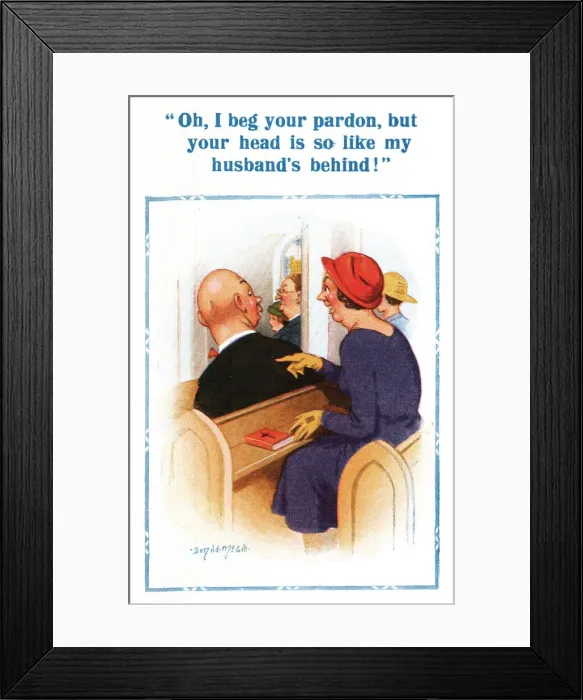 Framed Print : Comic postcard, bald-headed man in church Date: 20th century Framed Print : Comic postcard, bald-headed man in church Date: 20th century