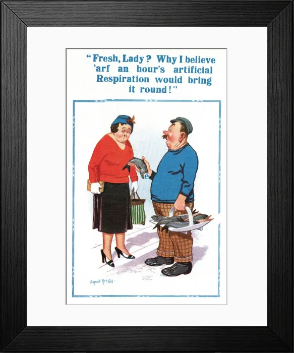Framed Print : Comic postcard, selling fresh fish Framed Print : Comic postcard, selling fresh fish